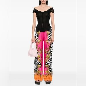 BNWT VERSACE Jeans Couture Pink Zebra Print Barocco Outline Wide Leg Pants Sz 0